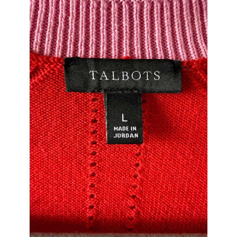 Talbots Colorblock V-Neck Cardigan Sweater Red Pink Trim Size L Cotton Rayon - Picture 4 of 8